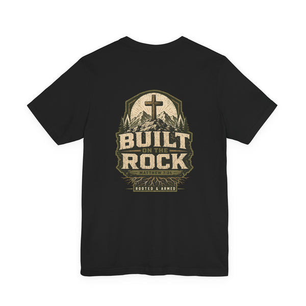 Built on the Rock Tee | Men's faith cross graphic tee — Rooted & Armed Co.